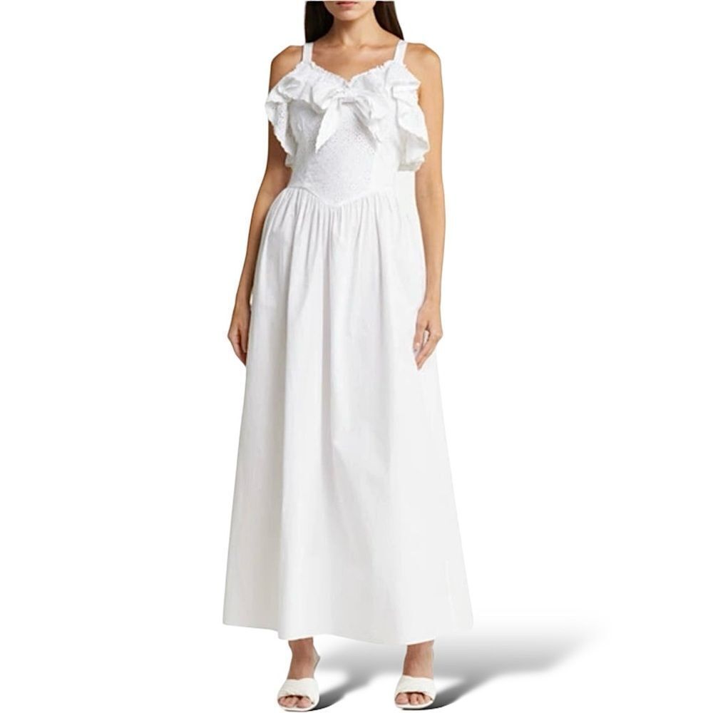 BATSHEVA A-Line Maxi Dress White Size 2 Eyelet Lace Ruffle Corset Shape Bodice